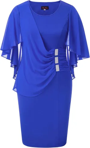 Hanna Nikole Women's Plus Size Chiffon Ruffle Flattering Cape Sleeve Bodycon Pencil Dress