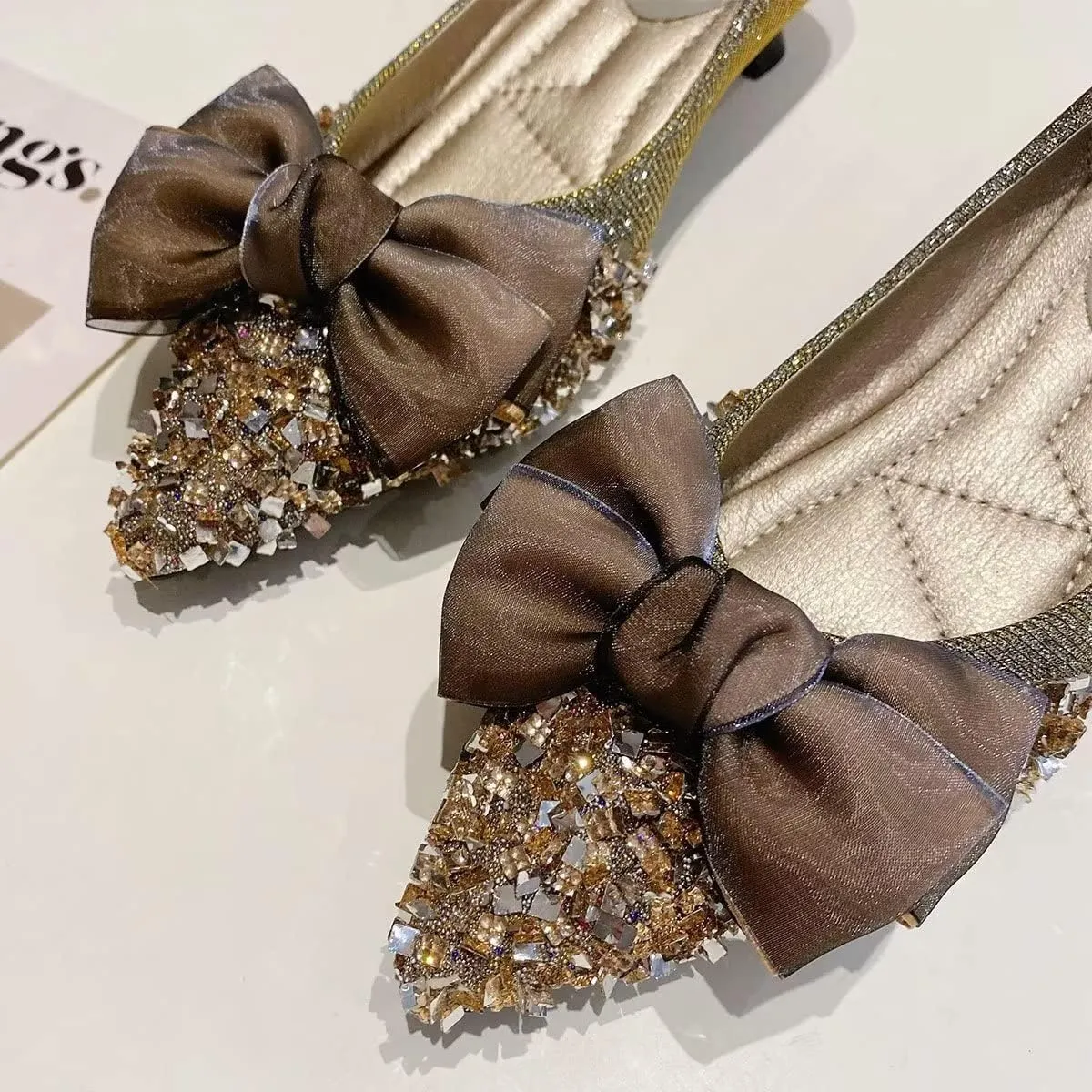 Hee grand Kitten Heels for Women Sequins Bow-Knot Pointed Toe Mid Heels Pumps Comfort Office Lady Stiletto Shiny Rhinestone Party Dress Shoes