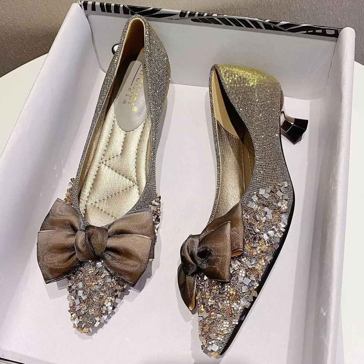 Hee grand Kitten Heels for Women Sequins Bow-Knot Pointed Toe Mid Heels Pumps Comfort Office Lady Stiletto Shiny Rhinestone Party Dress Shoes