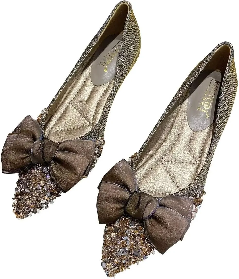 Hee grand Kitten Heels for Women Sequins Bow-Knot Pointed Toe Mid Heels Pumps Comfort Office Lady Stiletto Shiny Rhinestone Party Dress Shoes