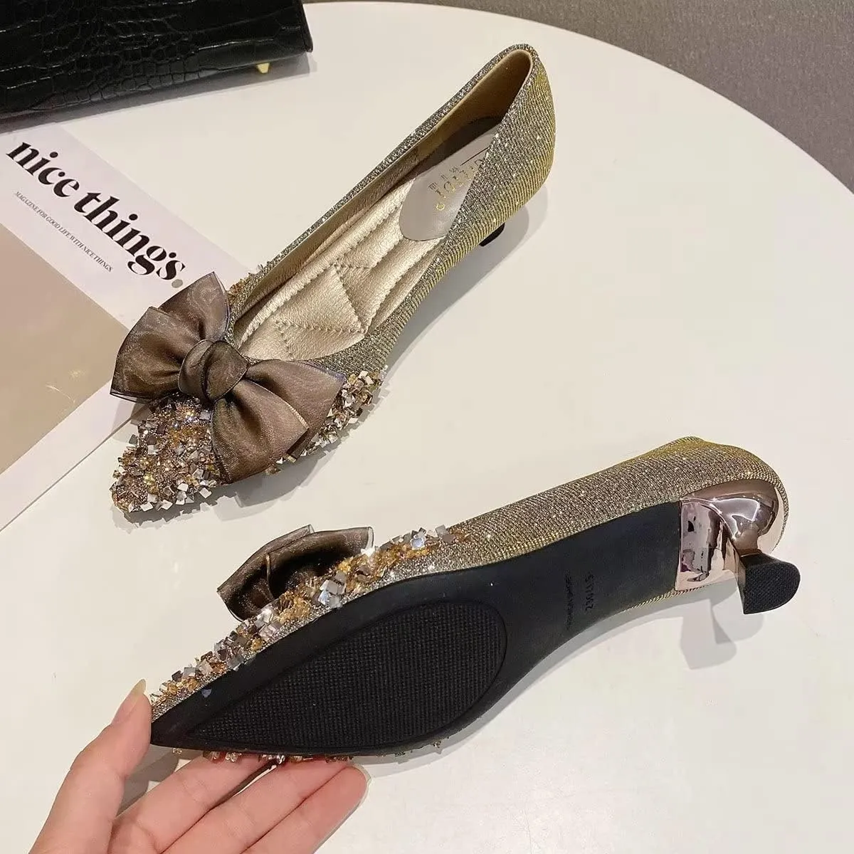 Hee grand Kitten Heels for Women Sequins Bow-Knot Pointed Toe Mid Heels Pumps Comfort Office Lady Stiletto Shiny Rhinestone Party Dress Shoes