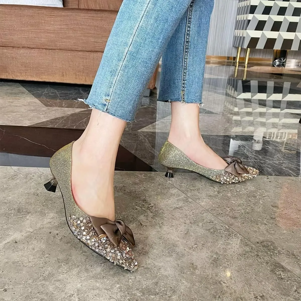 Hee grand Kitten Heels for Women Sequins Bow-Knot Pointed Toe Mid Heels Pumps Comfort Office Lady Stiletto Shiny Rhinestone Party Dress Shoes