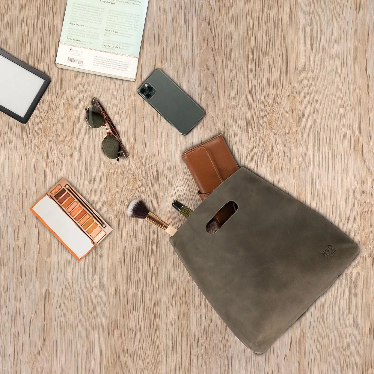 Hide & Drink, Minimalist Handbag for Women, Tote Bag, Rustic Purse, Full Grain Leather and Sheepskin, Handmade, Dark Jade