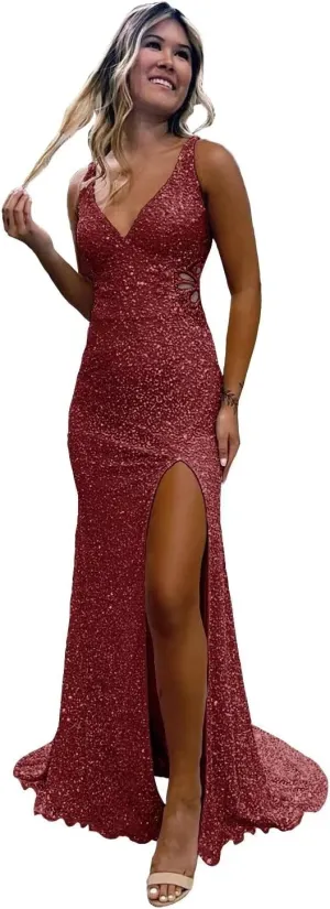 Hollow-Out Beaded Mermaid Prom Dresses for Women 2025 Sparkly Sequin Open Back Formal Evening Party Gown
