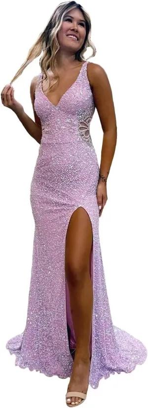 Hollow-Out Beaded Mermaid Prom Dresses for Women 2025 Sparkly Sequin Open Back Formal Evening Party Gown