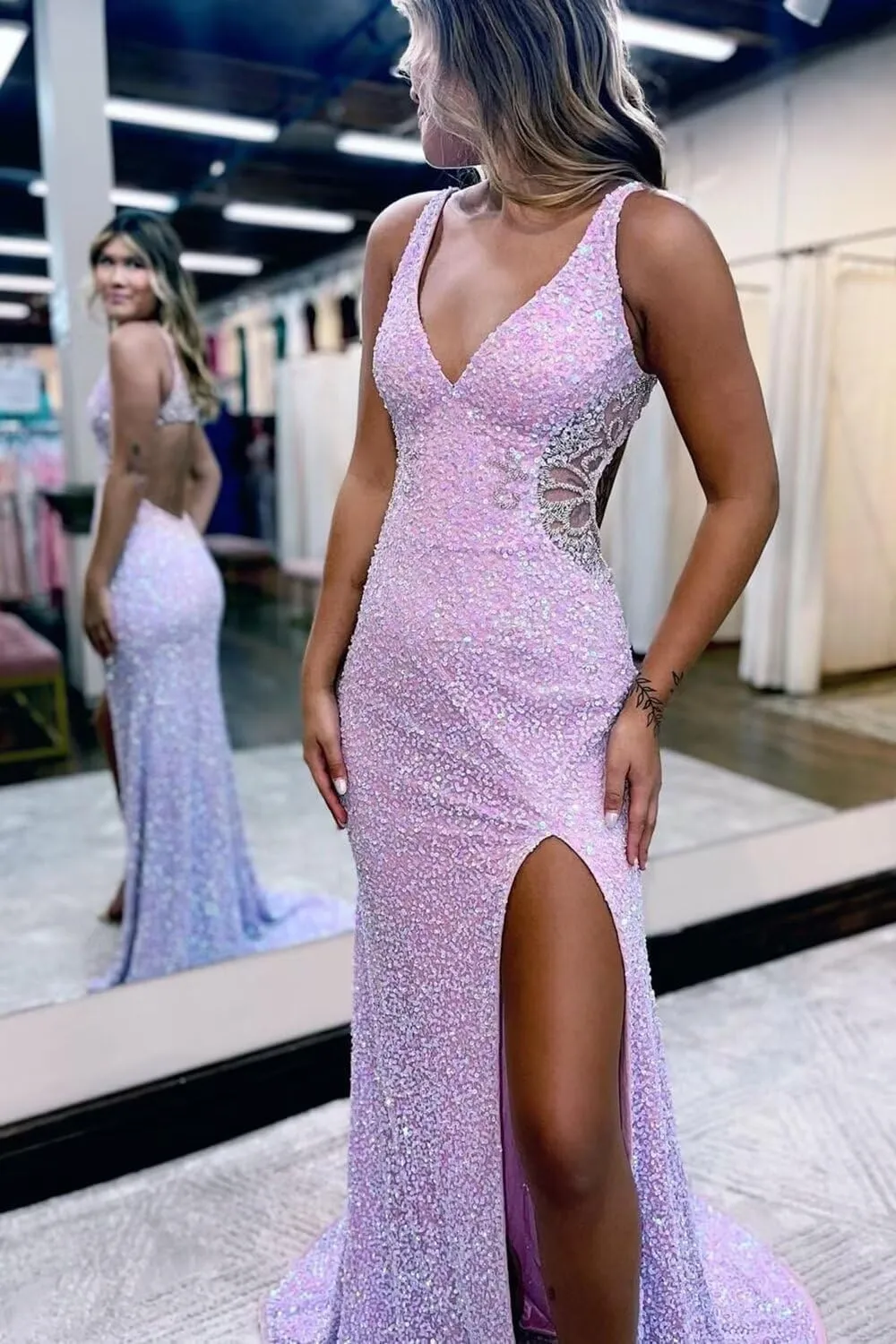 Hollow-Out Beaded Mermaid Prom Dresses for Women 2025 Sparkly Sequin Open Back Formal Evening Party Gown