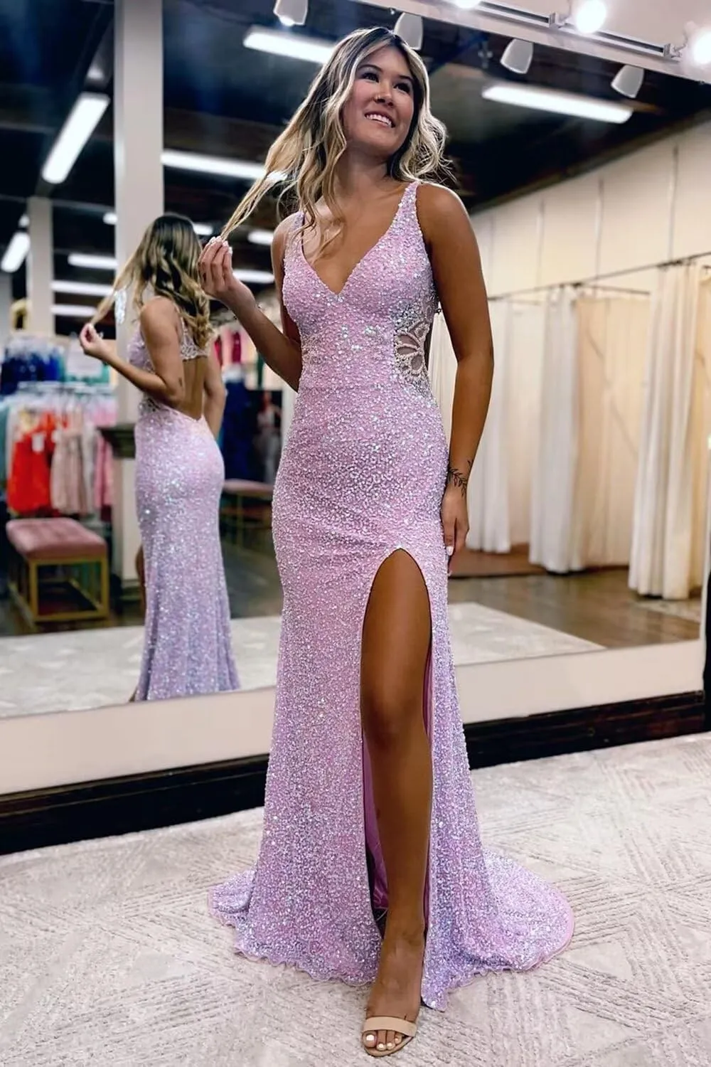 Hollow-Out Beaded Mermaid Prom Dresses for Women 2025 Sparkly Sequin Open Back Formal Evening Party Gown