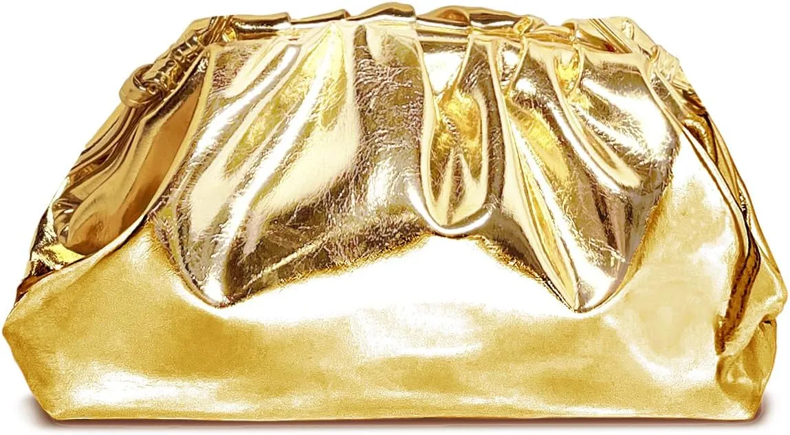 Huralona Dressy Pleated Vegan Leather Clutch Ruched Bag Purse Metallic PU Clutch Cloud Dumpling Bag for Women