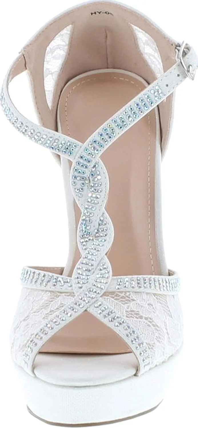 Hy-5 Formal Evening Party Lace Ankle T-Strap Peep Toe Stiletto High Heel Pumps