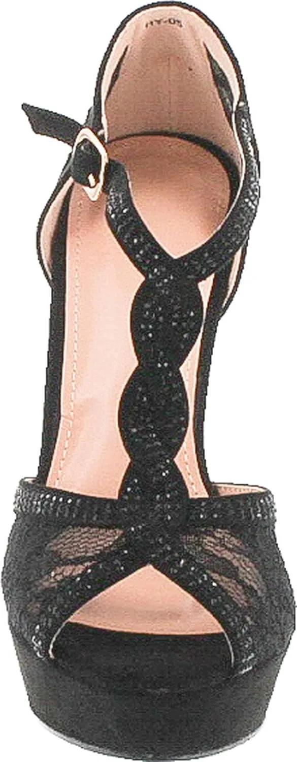 Hy-5 Formal Evening Party Lace Ankle T-Strap Peep Toe Stiletto High Heel Pumps