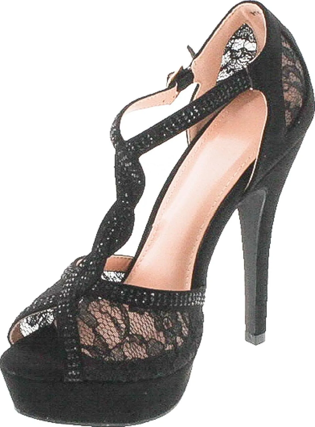 Hy-5 Formal Evening Party Lace Ankle T-Strap Peep Toe Stiletto High Heel Pumps