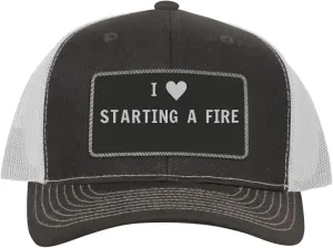I Heart Love Starting A Fire - Leather Black Patch Engraved Trucker Hat