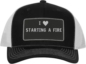 I Heart Love Starting A Fire - Leather Black Patch Engraved Trucker Hat