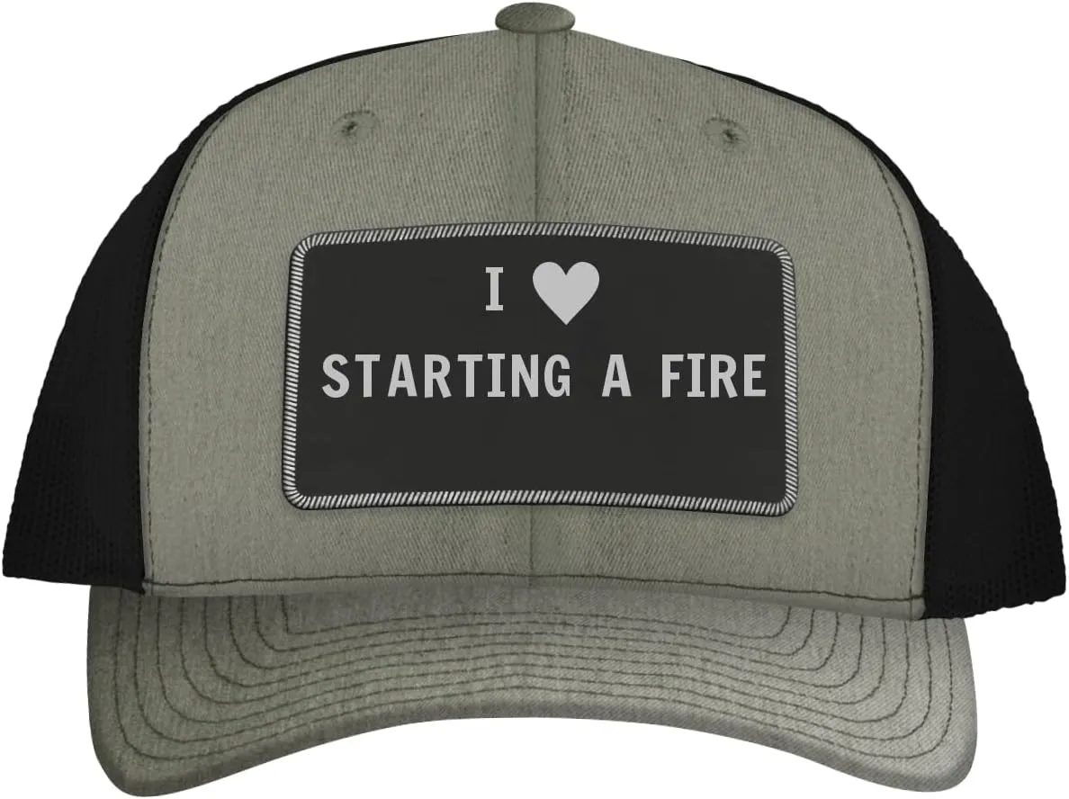I Heart Love Starting A Fire - Leather Black Patch Engraved Trucker Hat