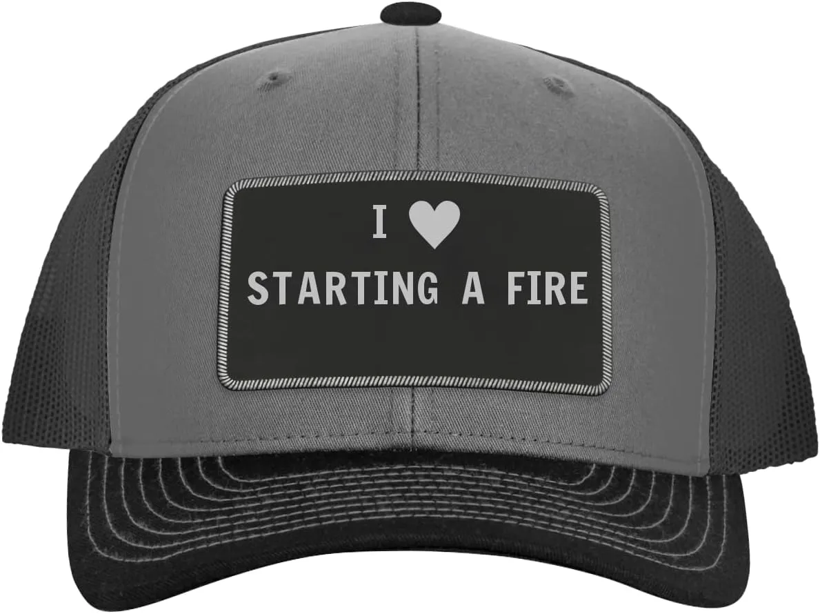 I Heart Love Starting A Fire - Leather Black Patch Engraved Trucker Hat