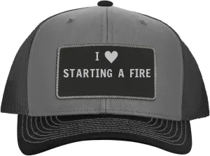 I Heart Love Starting A Fire - Leather Black Patch Engraved Trucker Hat