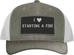 I Heart Love Starting A Fire - Leather Black Patch Engraved Trucker Hat