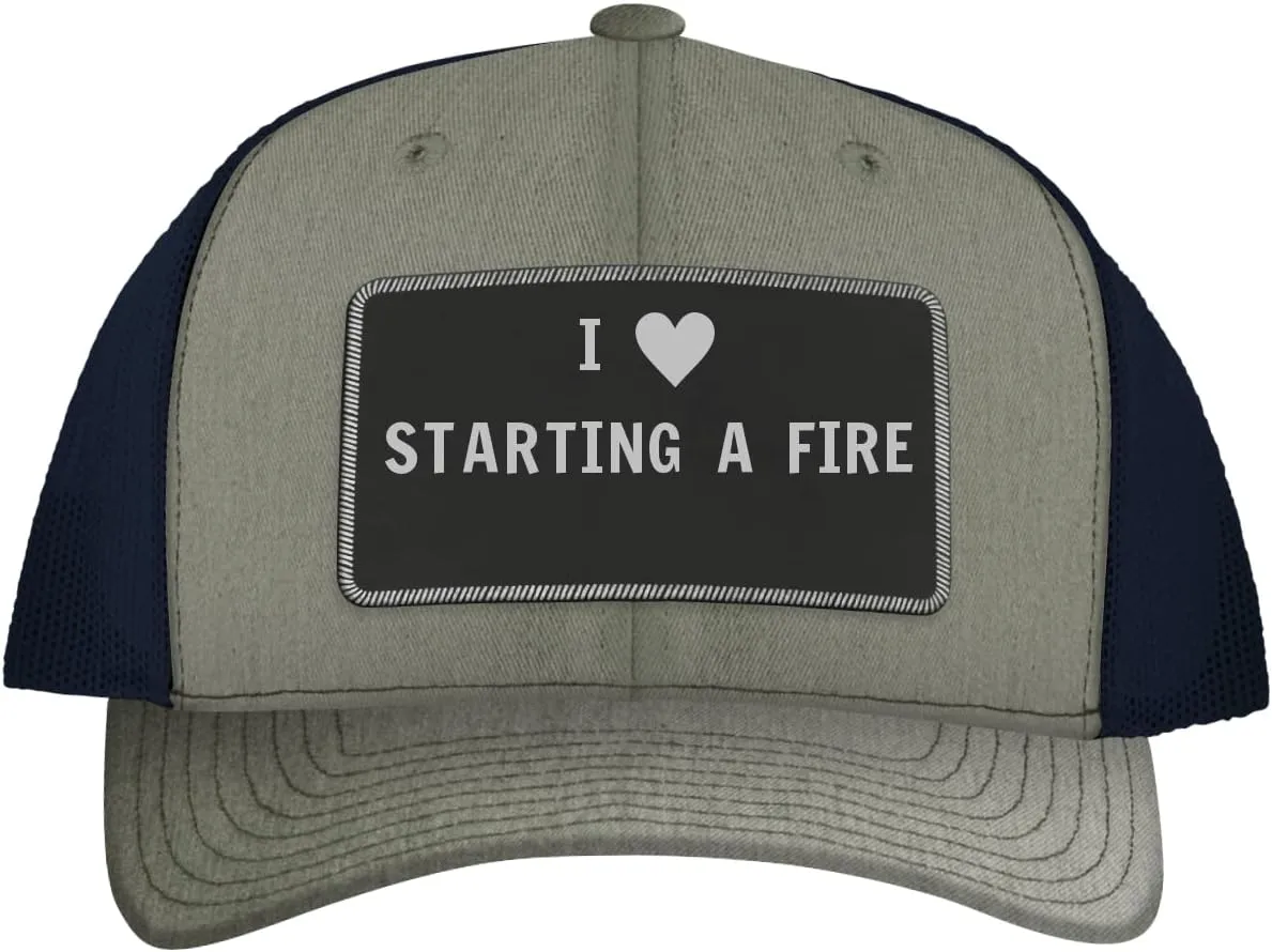 I Heart Love Starting A Fire - Leather Black Patch Engraved Trucker Hat