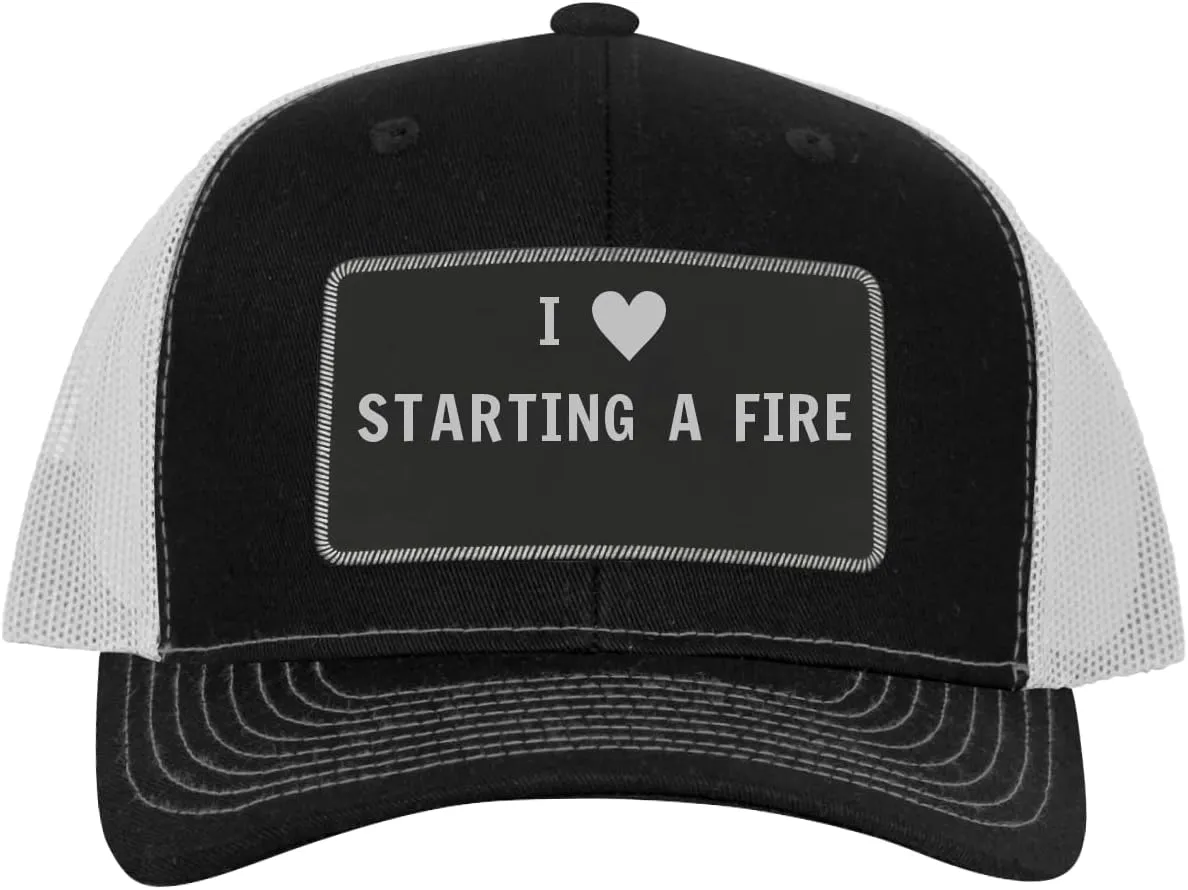 I Heart Love Starting A Fire - Leather Black Patch Engraved Trucker Hat