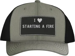 I Heart Love Starting A Fire - Leather Black Patch Engraved Trucker Hat