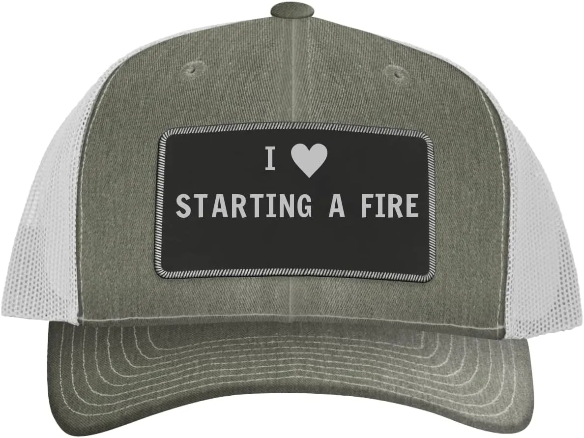 I Heart Love Starting A Fire - Leather Black Patch Engraved Trucker Hat