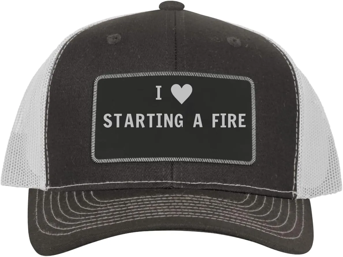 I Heart Love Starting A Fire - Leather Black Patch Engraved Trucker Hat