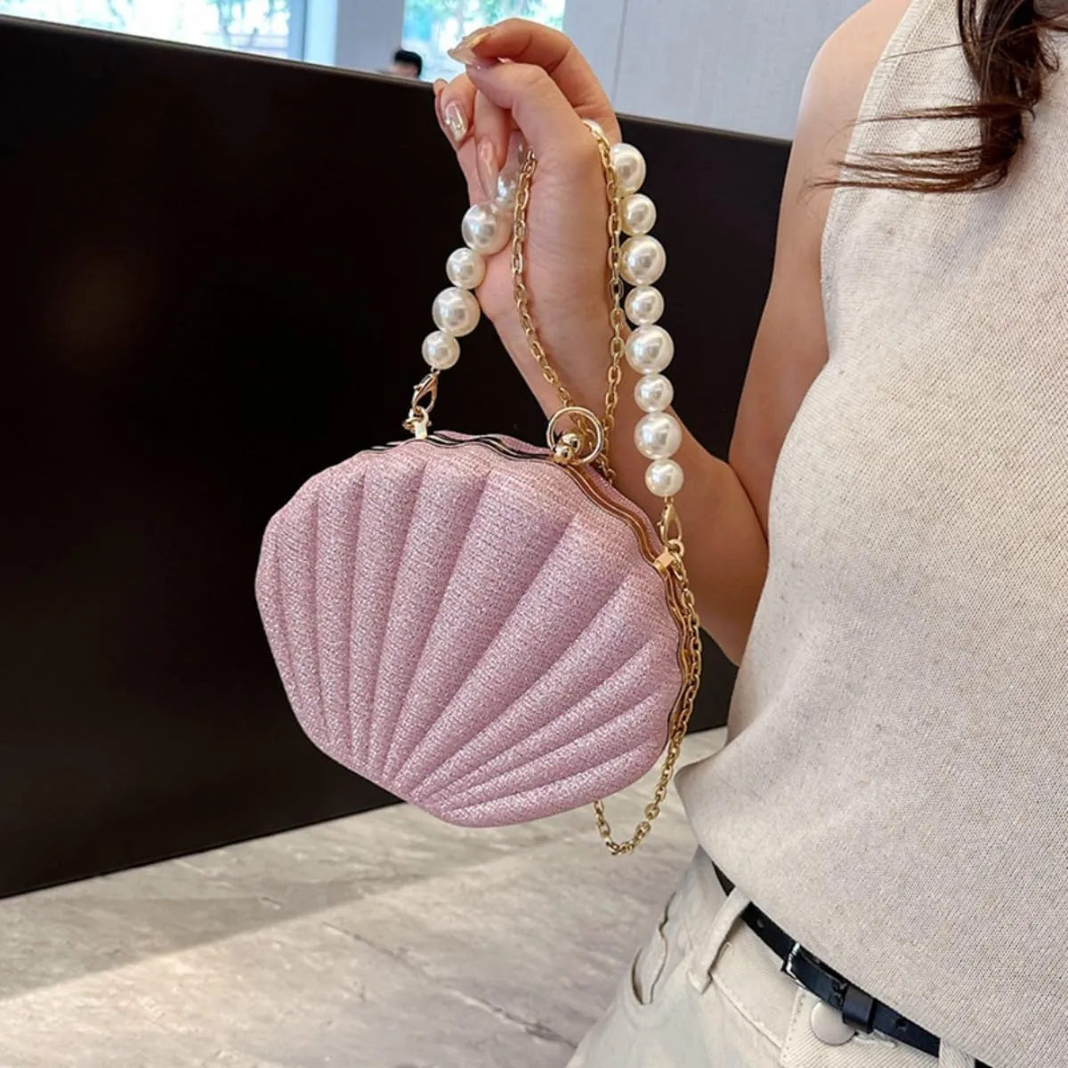 IAMUHI Lovely Shell Handbag Purse Beaded Evening Bag Chain Cross-body Clutch Purse