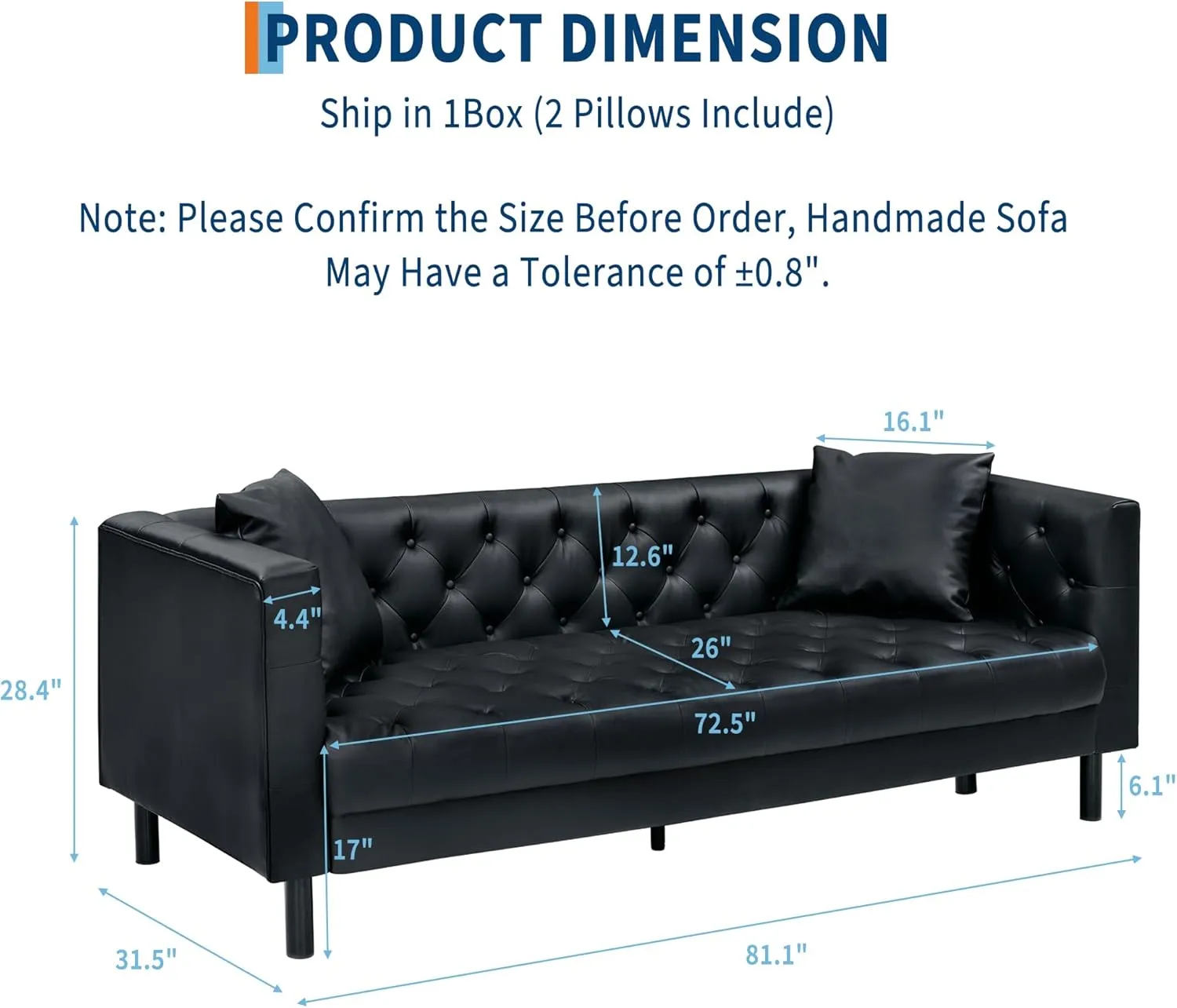 IDEALHOUSE 81" Leather Sofa, Button-Tufted 3 Seater Sofa, Mid-Century Modern Leather Couch with Deep Seat, Chesterfield Sofa for Living Room, Apartment, Office, Brown