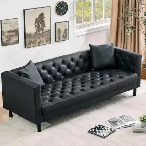 IDEALHOUSE 81" Leather Sofa, Button-Tufted 3 Seater Sofa, Mid-Century Modern Leather Couch with Deep Seat, Chesterfield Sofa for Living Room, Apartment, Office, Brown