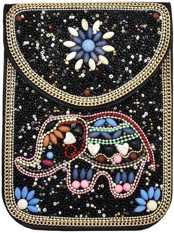 idealway Bohemian Beaded Crossbody Phone Bag for Women Girls Flower Elephant Eye Motifs Small Handbags