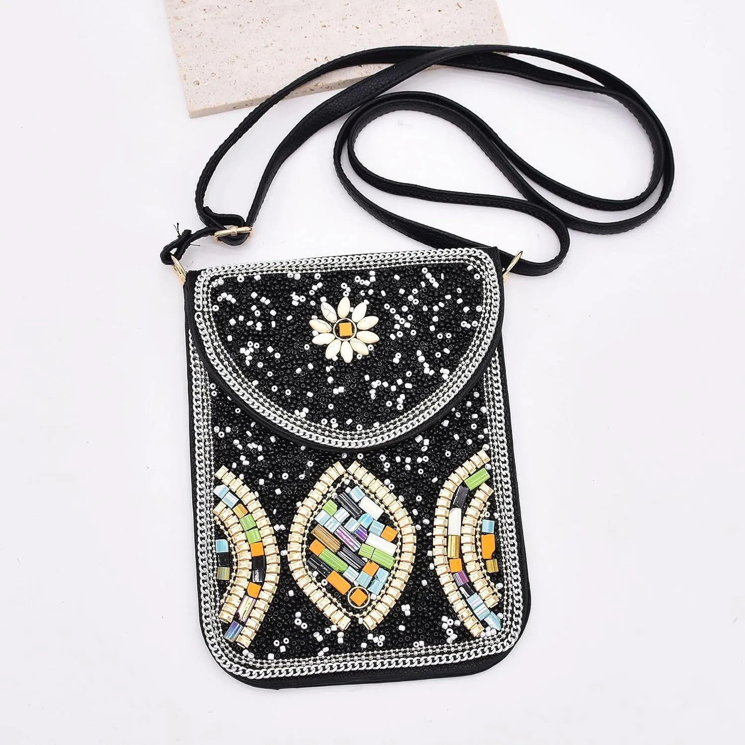 idealway Bohemian Beaded Crossbody Phone Bag for Women Girls Flower Elephant Eye Motifs Small Handbags