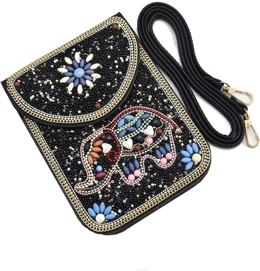 idealway Bohemian Beaded Crossbody Phone Bag for Women Girls Flower Elephant Eye Motifs Small Handbags