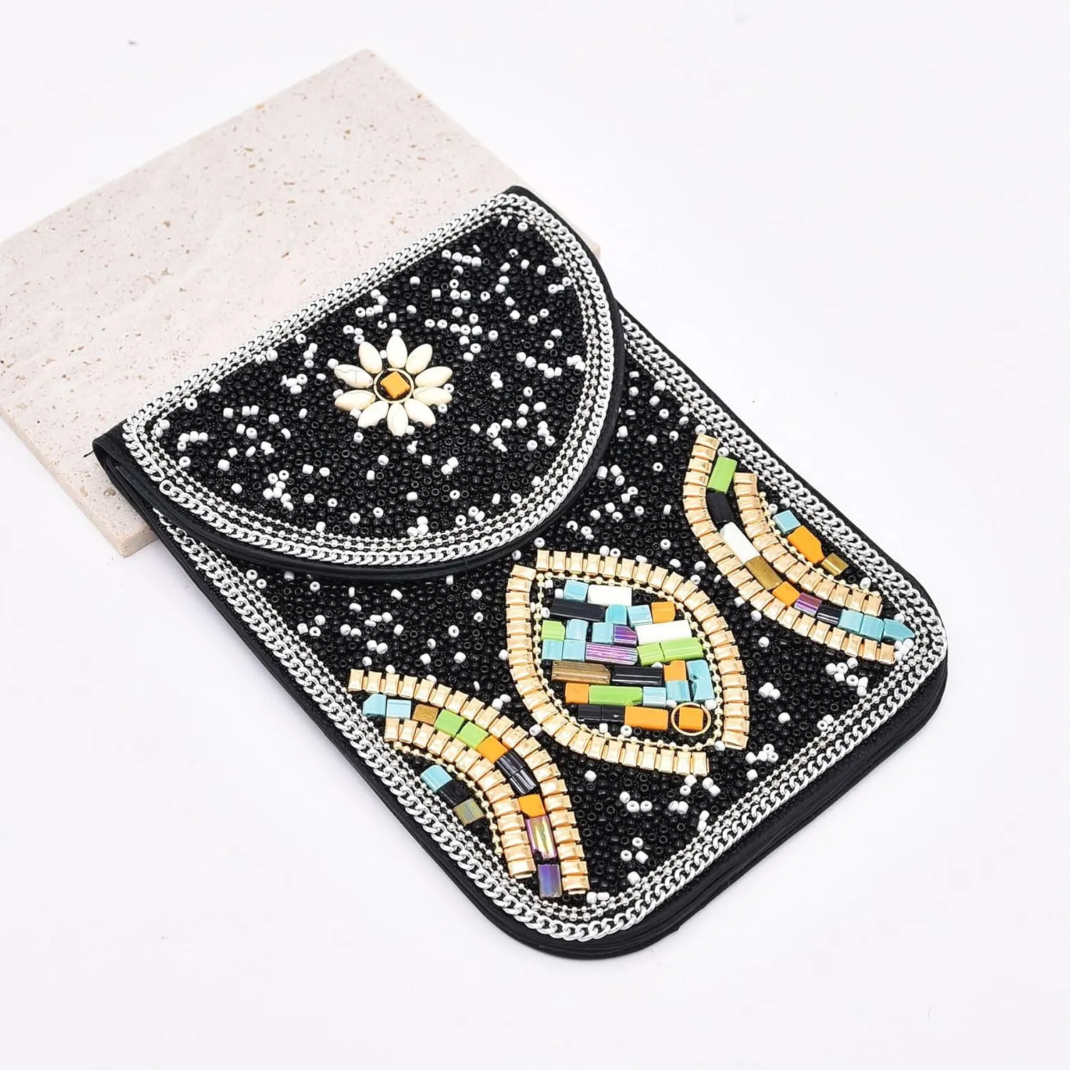 idealway Bohemian Beaded Crossbody Phone Bag for Women Girls Flower Elephant Eye Motifs Small Handbags