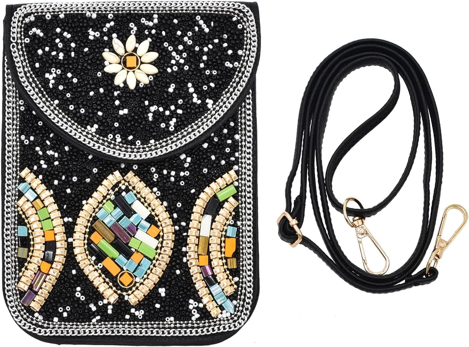 idealway Bohemian Beaded Crossbody Phone Bag for Women Girls Flower Elephant Eye Motifs Small Handbags
