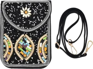 idealway Bohemian Beaded Crossbody Phone Bag for Women Girls Flower Elephant Eye Motifs Small Handbags