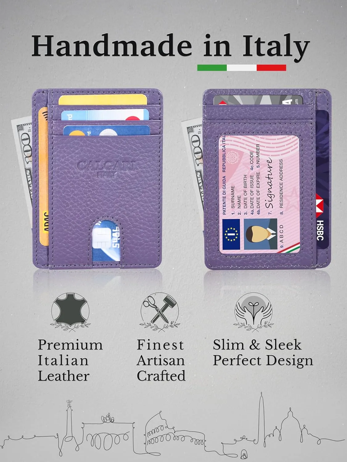Italian Luxury Leather Minimalist Wallets | For Men and Women (Lavender)