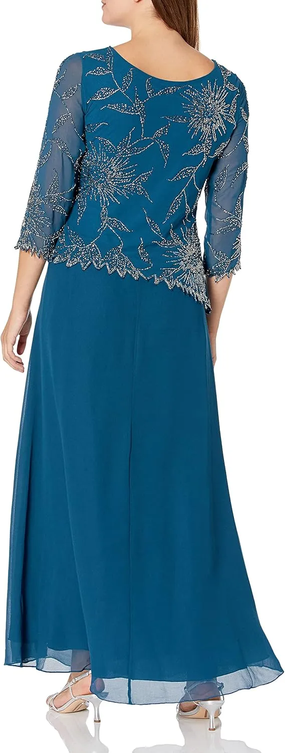 J Kara Plus Size Womens Scoop Neck Line with 3/4 Sleeve Beaded Top Long Dress