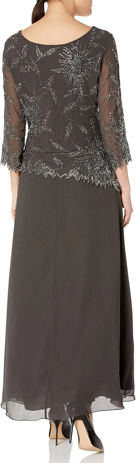 J Kara Plus Size Womens Scoop Neck Line with 3/4 Sleeve Beaded Top Long Dress