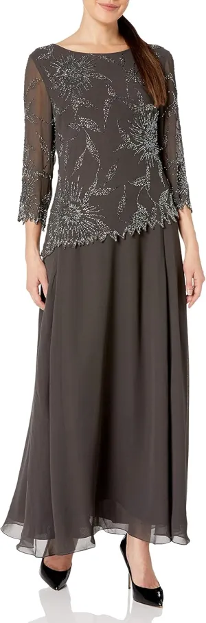 J Kara Plus Size Womens Scoop Neck Line with 3/4 Sleeve Beaded Top Long Dress