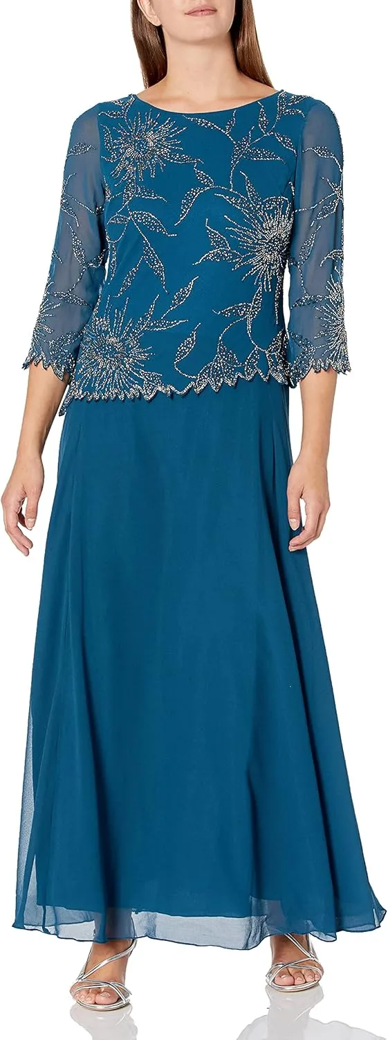 J Kara Plus Size Womens Scoop Neck Line with 3/4 Sleeve Beaded Top Long Dress