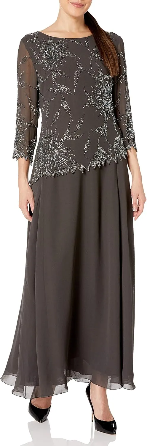 J Kara Plus Size Womens Scoop Neck Line with 3/4 Sleeve Beaded Top Long Dress