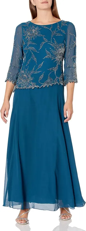 J Kara Plus Size Womens Scoop Neck Line with 3/4 Sleeve Beaded Top Long Dress