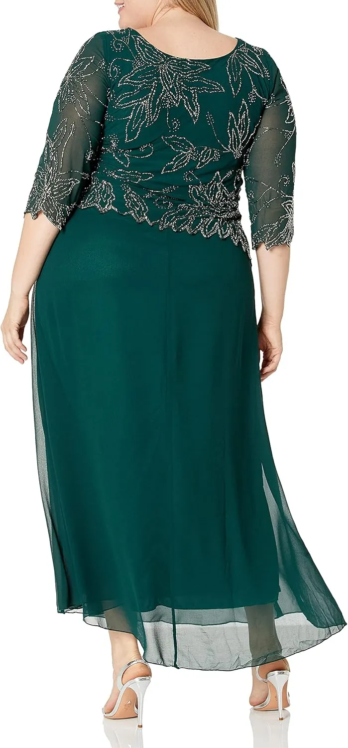 J Kara Plus Size Womens Sheer Sleeve Floral Beaded Long Dress