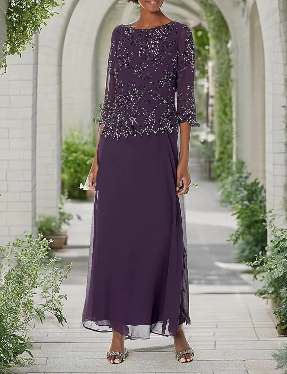 J Kara Plus Size Womens Sheer Sleeve Floral Beaded Long Dress