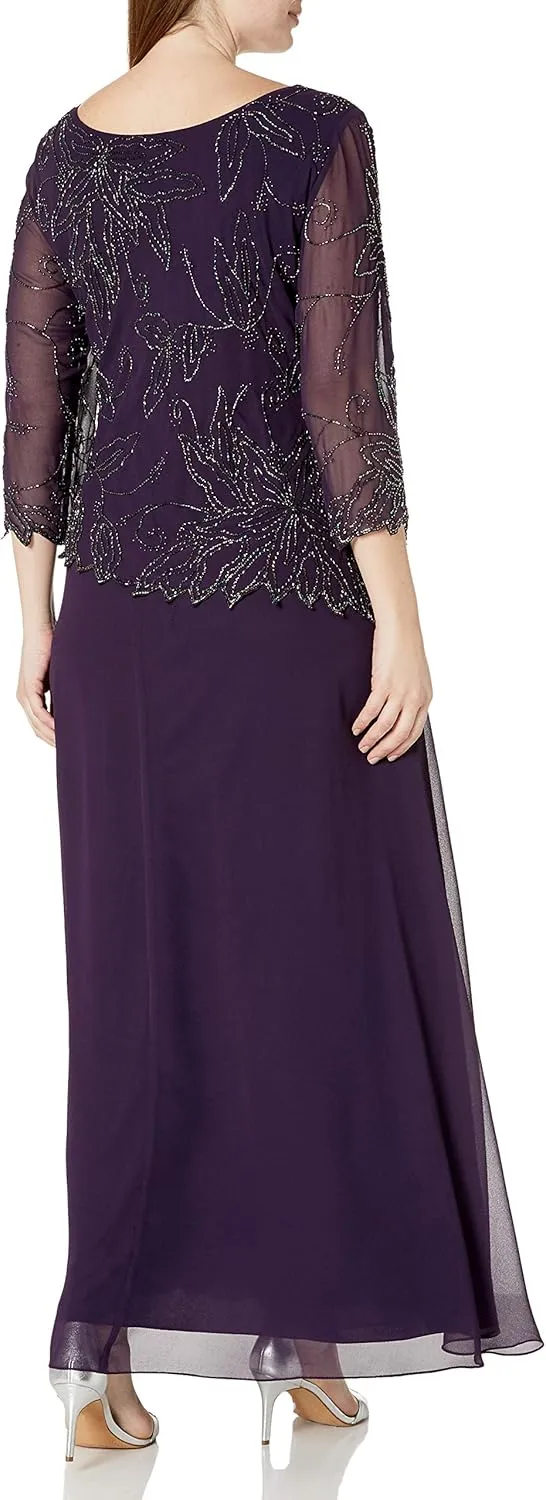 J Kara Plus Size Womens Sheer Sleeve Floral Beaded Long Dress