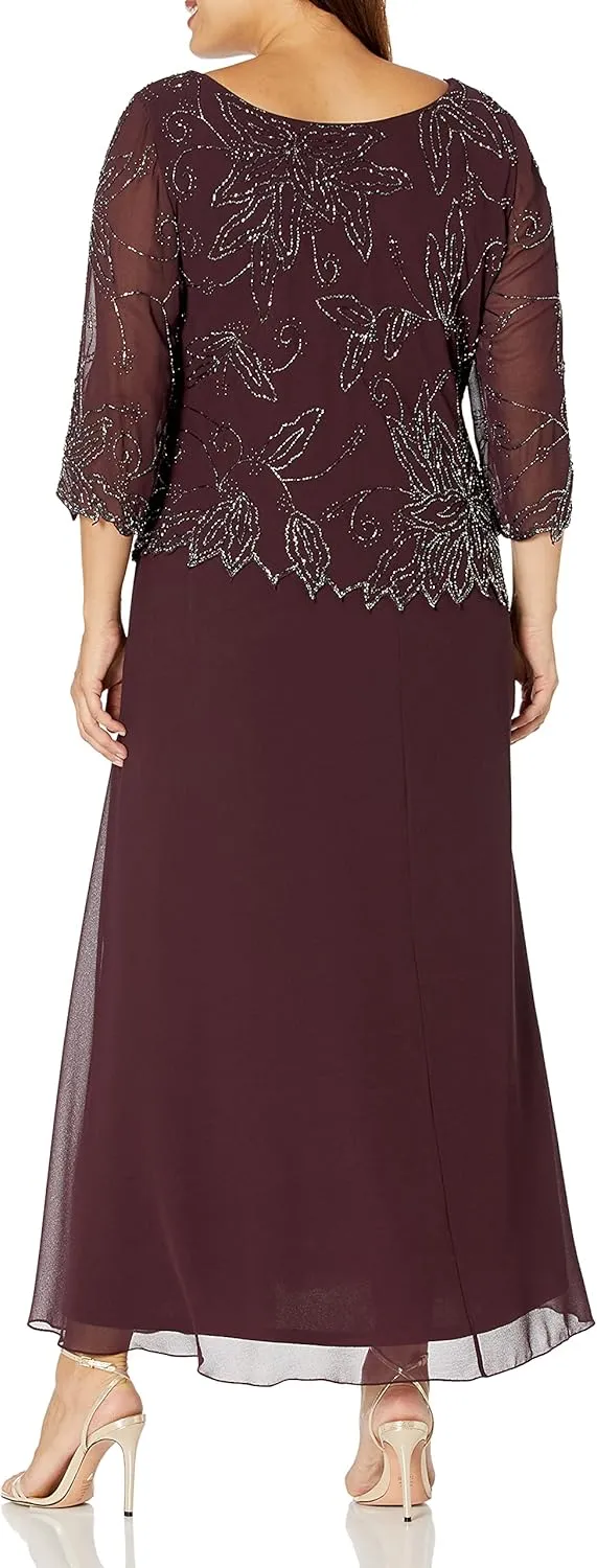 J Kara Plus Size Womens Sheer Sleeve Floral Beaded Long Dress