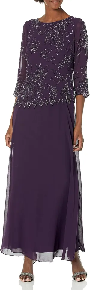 J Kara Plus Size Womens Sheer Sleeve Floral Beaded Long Dress