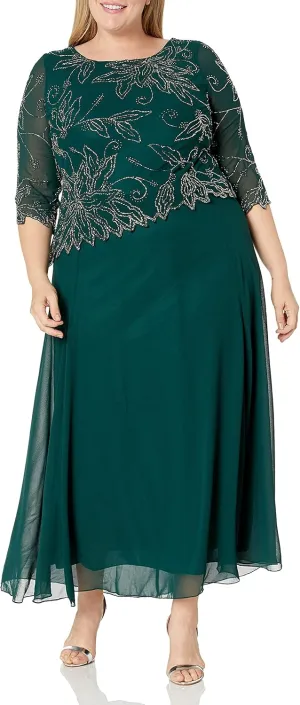 J Kara Plus Size Womens Sheer Sleeve Floral Beaded Long Dress