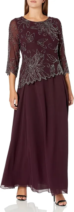 J Kara Plus Size Womens Sheer Sleeve Floral Beaded Long Dress