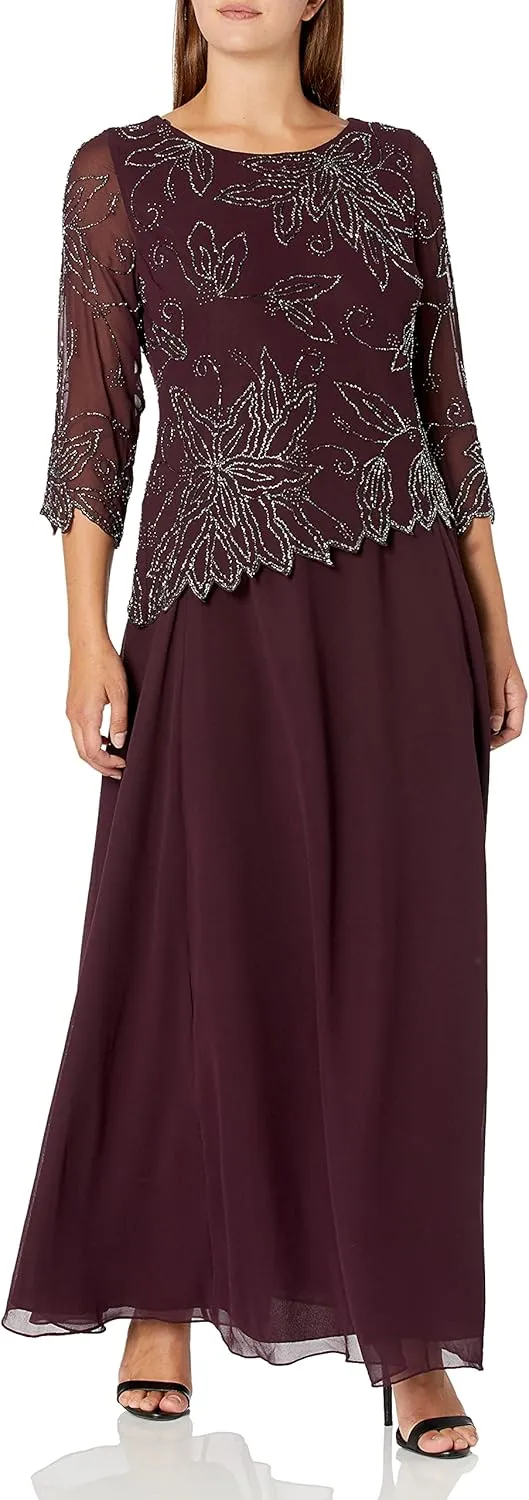 J Kara Plus Size Womens Sheer Sleeve Floral Beaded Long Dress